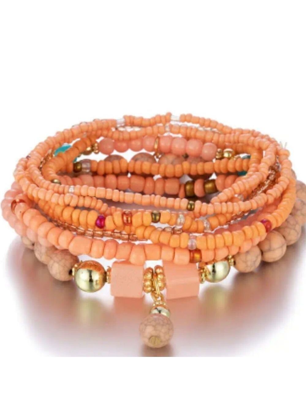 Stackable Bead Bracelets Pink Tone Stretch Multilayer Bracelet Set
